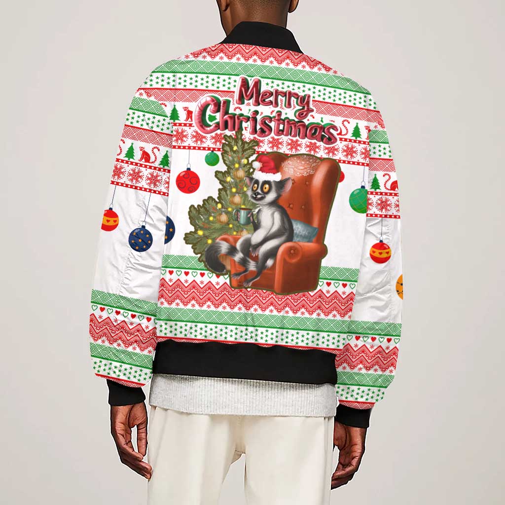 Madagascar Christmas Sleeve Zip Bomber Jacket Lemur Santa Hat Holiday Tree - African Pride