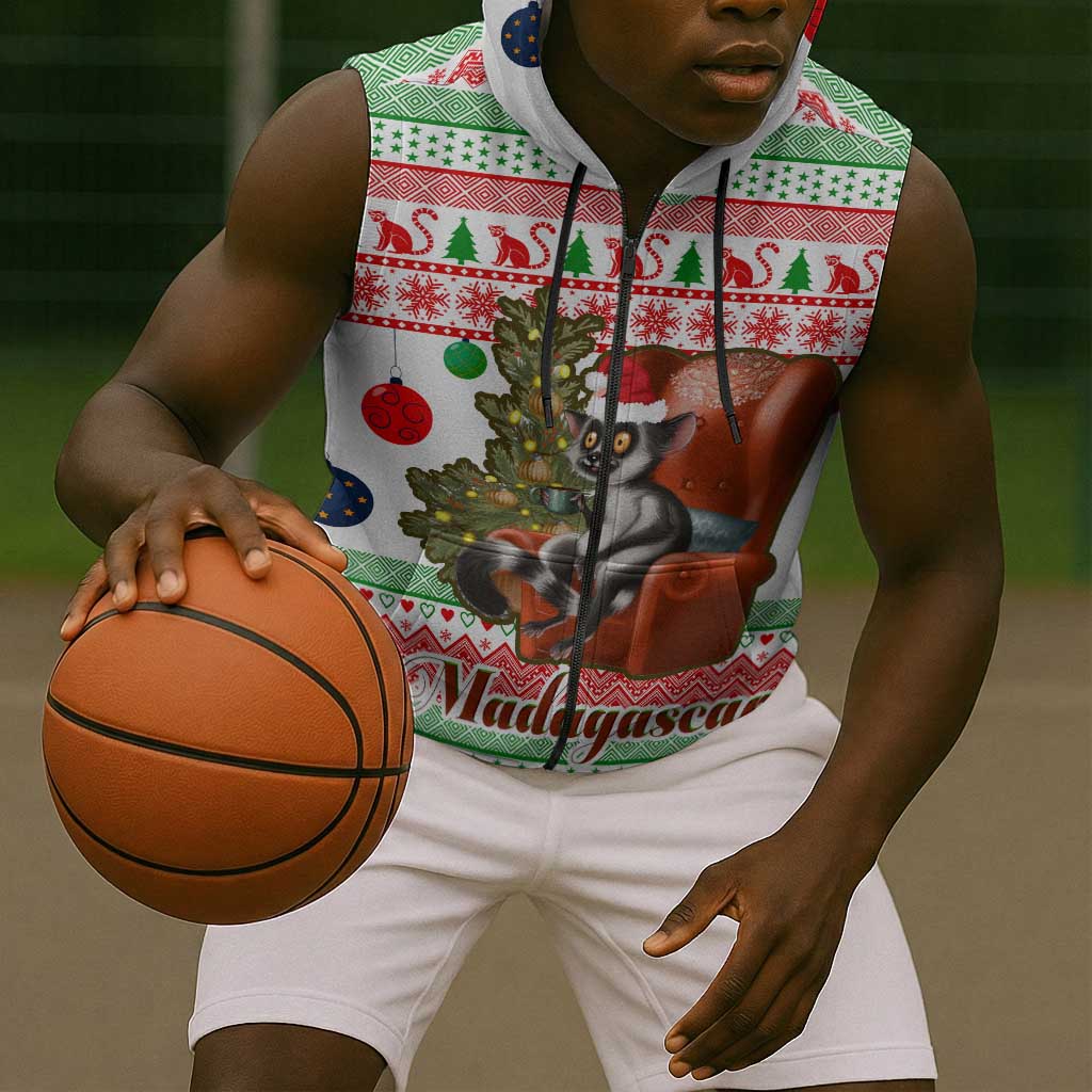 Madagascar Christmas Sleeveless Zip Hoodie Lemur Santa Hat Holiday Tree - African Pride