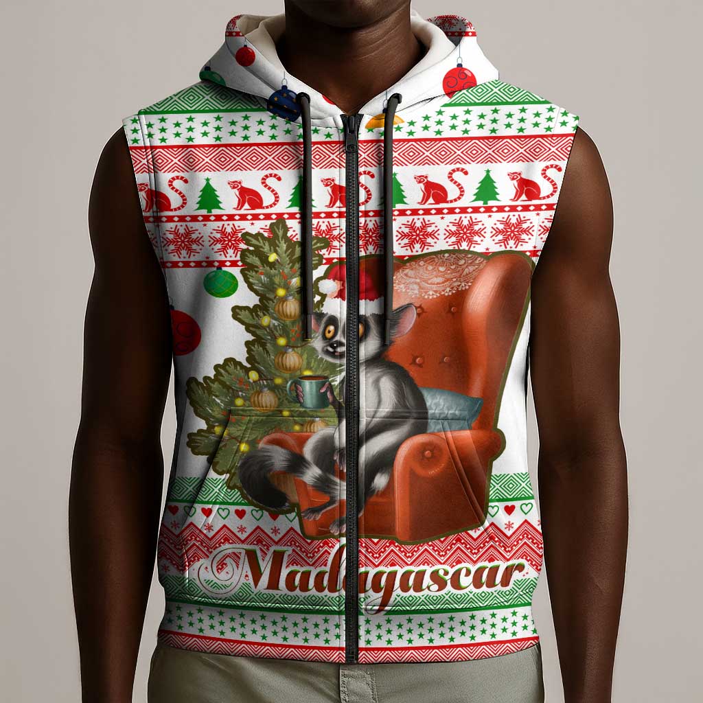 Madagascar Christmas Sleeveless Zip Hoodie Lemur Santa Hat Holiday Tree - African Pride