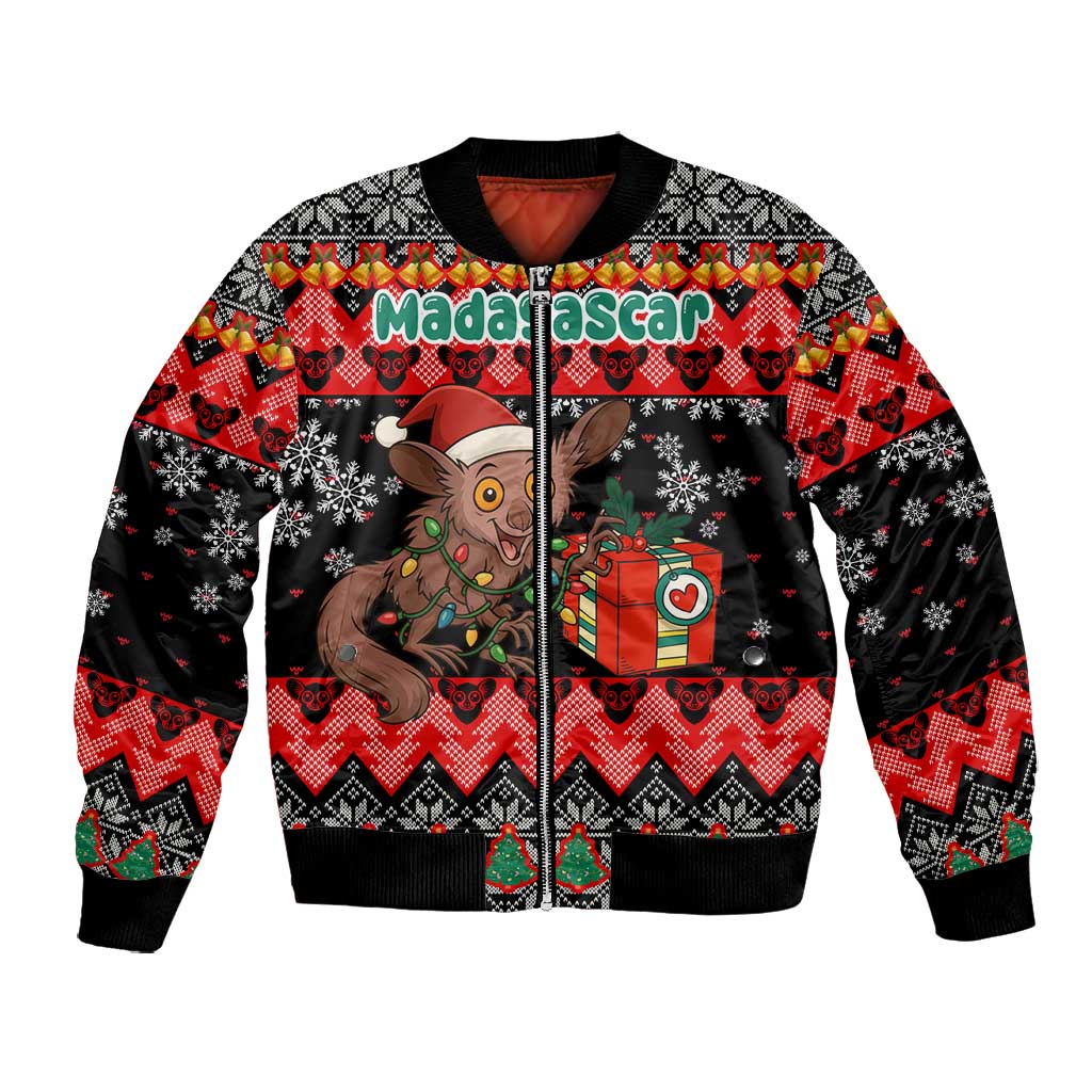 Madagascar Christmas Bomber Jacket Aye Aye Lemur Santa Hat Holiday Lights - African Pride