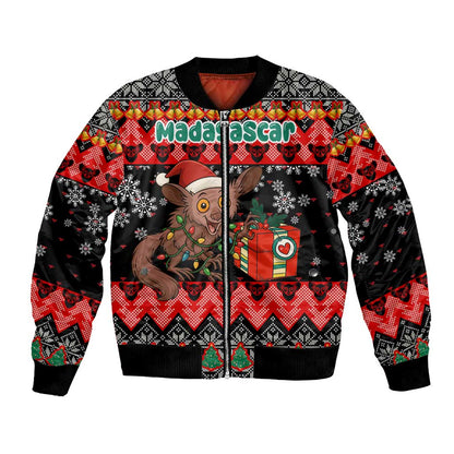 Madagascar Christmas Bomber Jacket Aye Aye Lemur Santa Hat Holiday Lights - African Pride