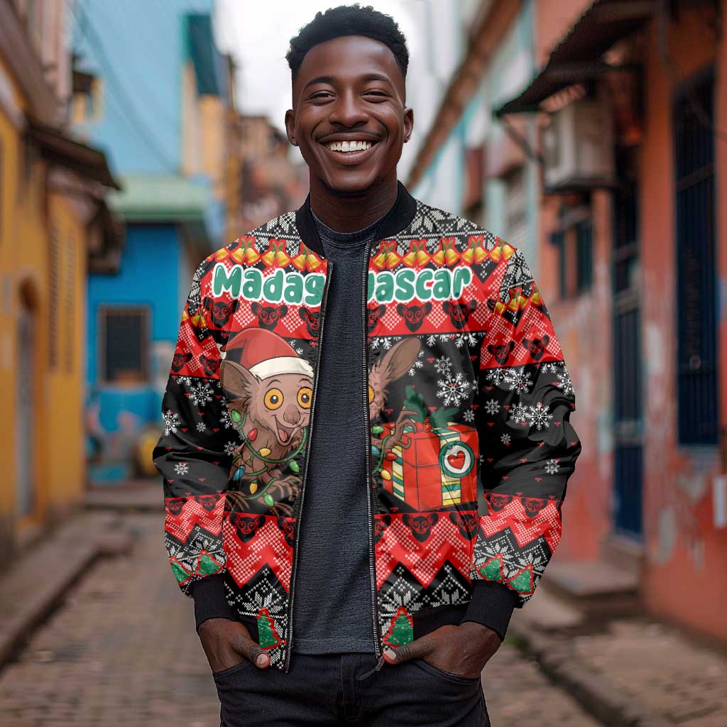 Madagascar Christmas Bomber Jacket Aye Aye Lemur Santa Hat Holiday Lights - African Pride