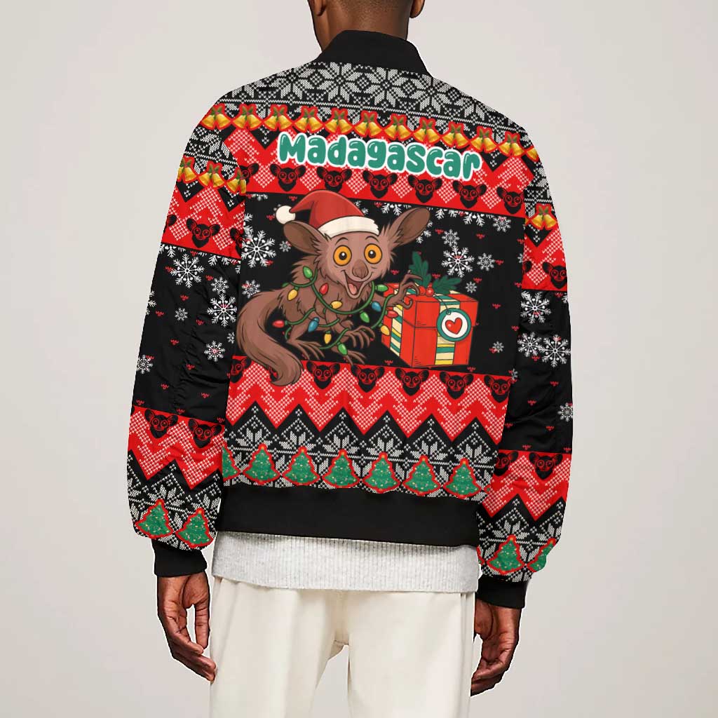 Madagascar Christmas Bomber Jacket Aye Aye Lemur Santa Hat Holiday Lights - African Pride