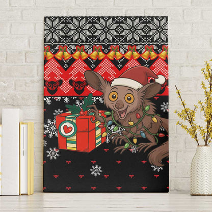 Madagascar Christmas Canvas Wall Art Aye Aye Lemur Santa Hat Holiday Lights - African Pride