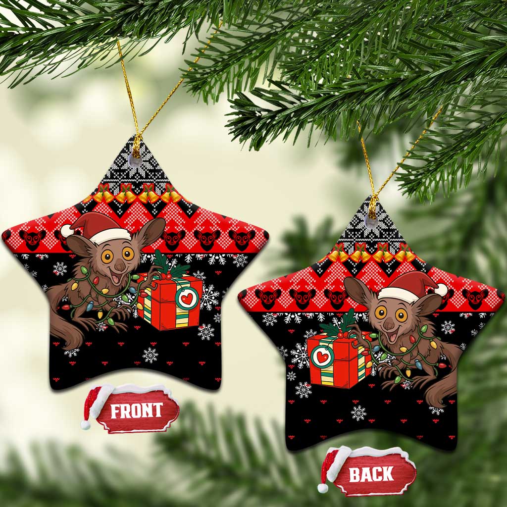 Madagascar Christmas Ceramic Ornament Aye Aye Lemur Santa Hat Holiday Lights - African Pride