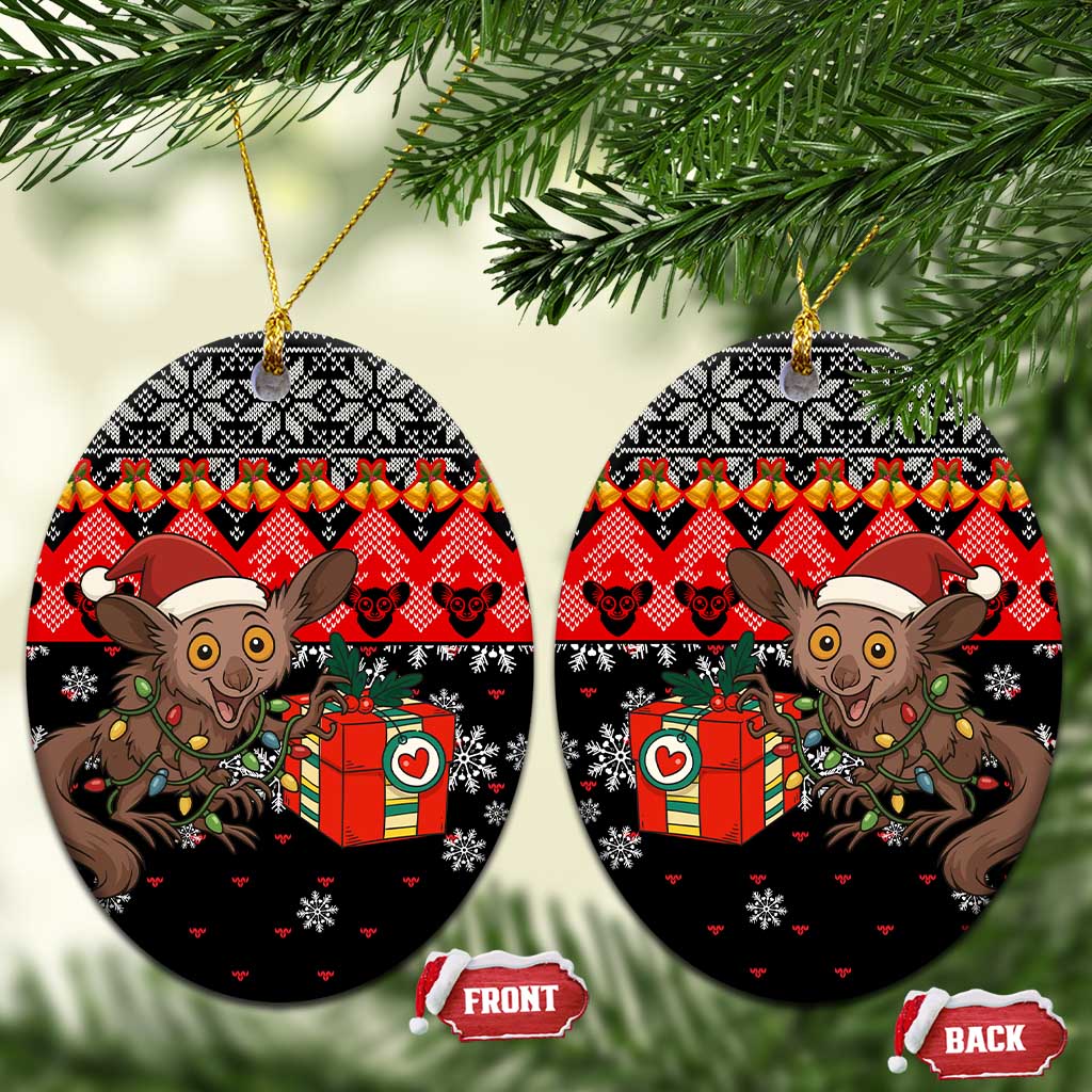 Madagascar Christmas Ceramic Ornament Aye Aye Lemur Santa Hat Holiday Lights - African Pride