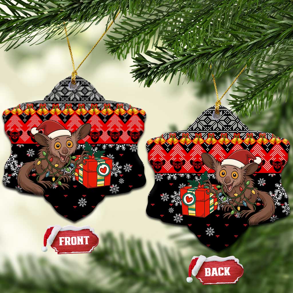 Madagascar Christmas Ceramic Ornament Aye Aye Lemur Santa Hat Holiday Lights - African Pride