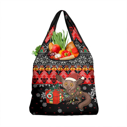 Madagascar Christmas Grocery Bag Aye Aye Lemur Santa Hat Holiday Lights - African Pride