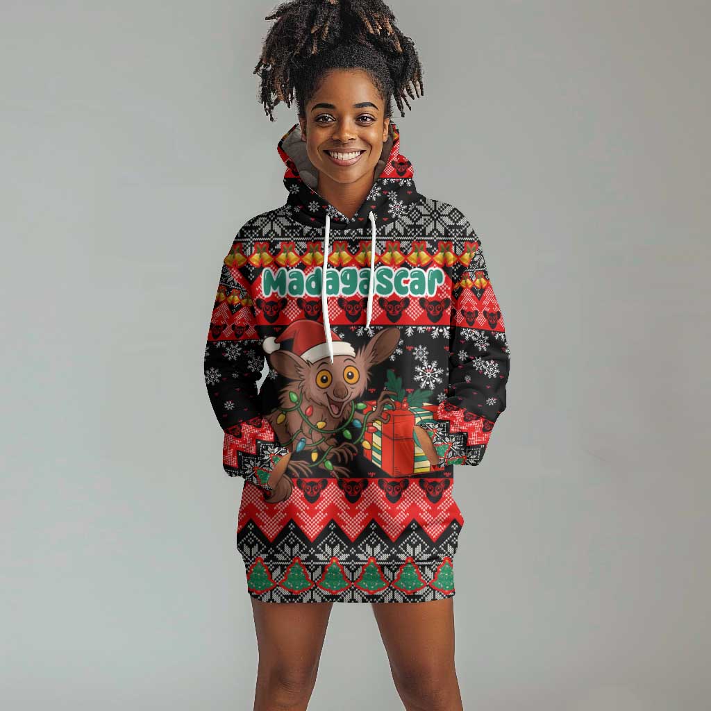 Madagascar Christmas Hoodie Dress Aye Aye Lemur Santa Hat Holiday Lights - African Pride