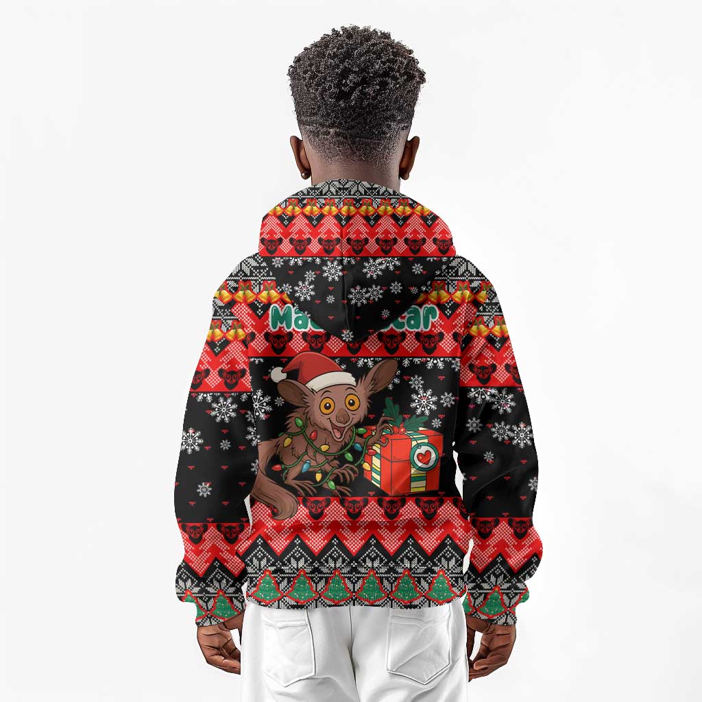 Madagascar Christmas Kid Hoodie Aye Aye Lemur Santa Hat Holiday Lights - African Pride