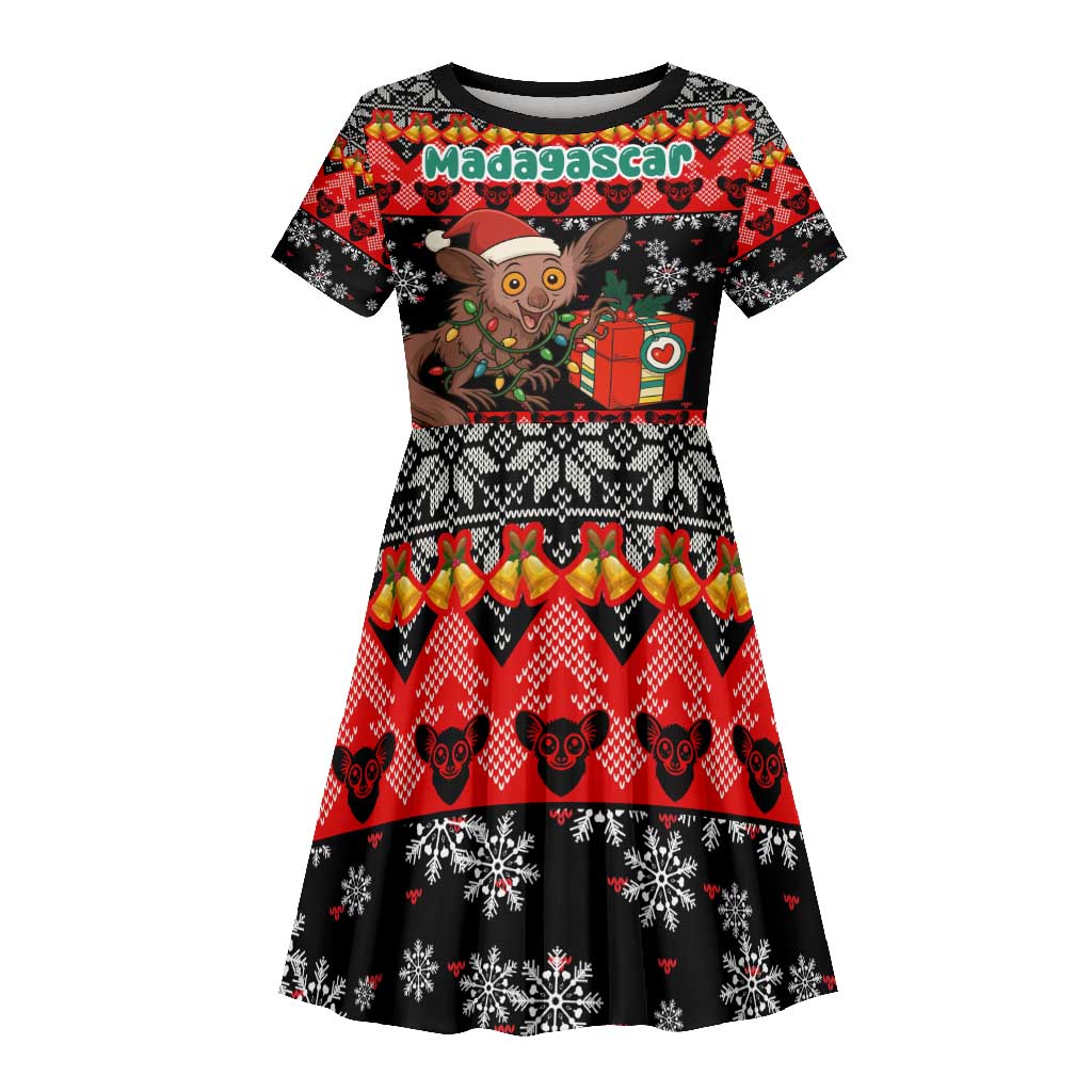 Madagascar Christmas Kid Short Sleeve Dress Aye Aye Lemur Santa Hat Holiday Lights - African Pride
