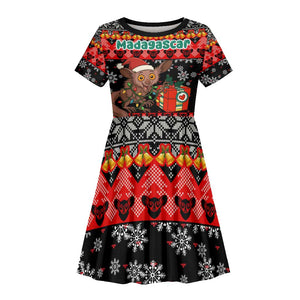 Madagascar Christmas Kid Short Sleeve Dress Aye Aye Lemur Santa Hat Holiday Lights - African Pride