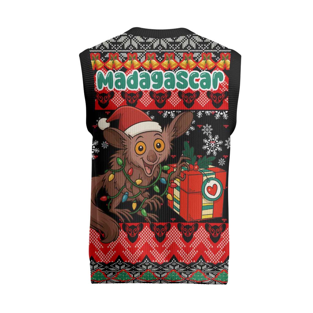 Madagascar Christmas Knitted V-Neck Vest Aye Aye Lemur Santa Hat Holiday Lights - African Pride