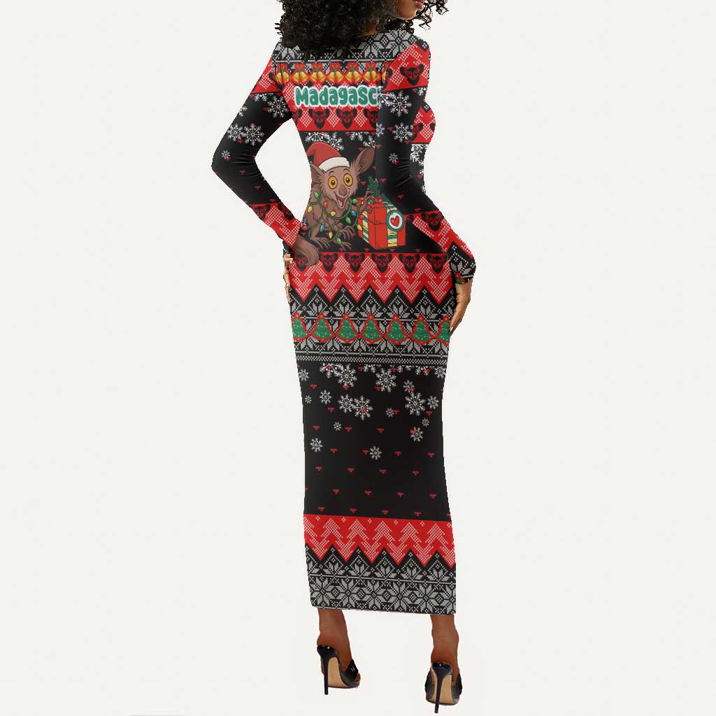 Madagascar Christmas Long Sleeve Bodycon Dress Aye Aye Lemur Santa Hat Holiday Lights - African Pride