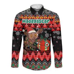 Madagascar Christmas Long Sleeve Button Shirt Aye Aye Lemur Santa Hat Holiday Lights - African Pride