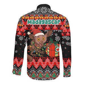 Madagascar Christmas Long Sleeve Button Shirt Aye Aye Lemur Santa Hat Holiday Lights - African Pride