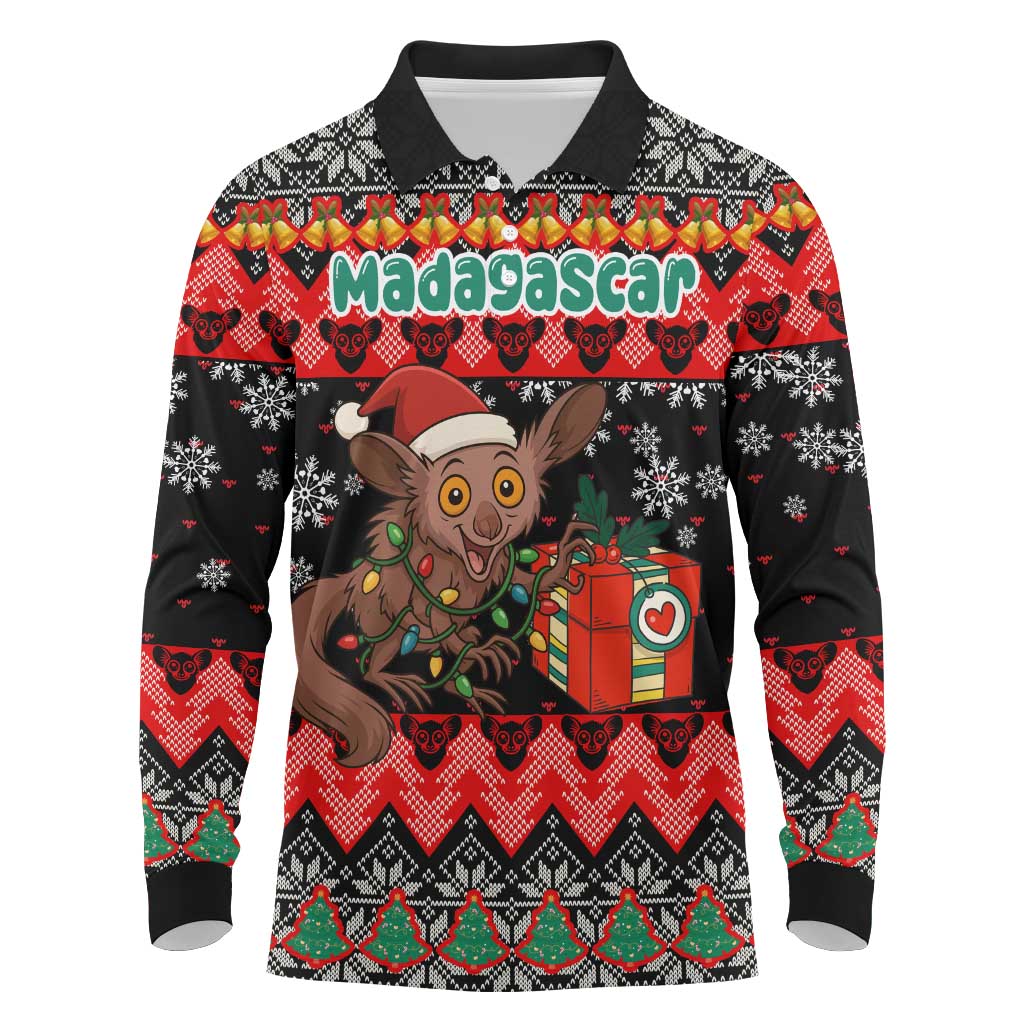Madagascar Christmas Long Sleeve Polo Shirt Aye Aye Lemur Santa Hat Holiday Lights - African Pride