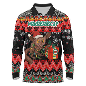 Madagascar Christmas Long Sleeve Polo Shirt Aye Aye Lemur Santa Hat Holiday Lights - African Pride