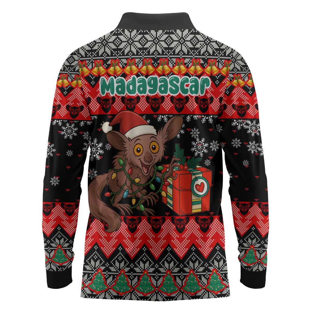 Madagascar Christmas Long Sleeve Polo Shirt Aye Aye Lemur Santa Hat Holiday Lights - African Pride