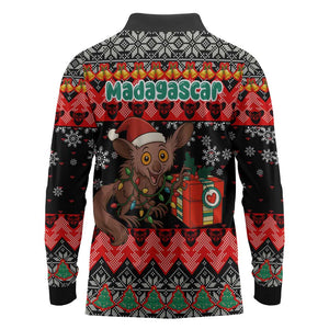 Madagascar Christmas Long Sleeve Polo Shirt Aye Aye Lemur Santa Hat Holiday Lights - African Pride