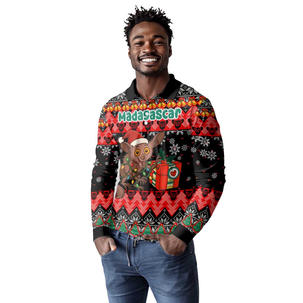 Madagascar Christmas Long Sleeve Polo Shirt Aye Aye Lemur Santa Hat Holiday Lights - African Pride