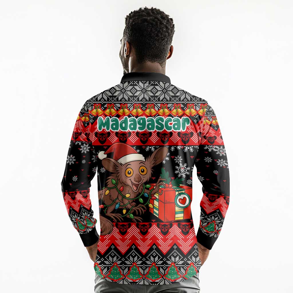 Madagascar Christmas Long Sleeve Polo Shirt Aye Aye Lemur Santa Hat Holiday Lights - African Pride