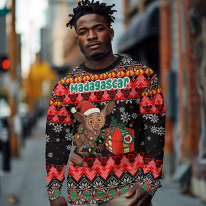 Madagascar Christmas Long Sleeve Shirt Aye Aye Lemur Santa Hat Holiday Lights - African Pride