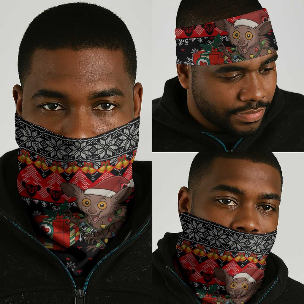 Madagascar Christmas Neck Gaiter Aye Aye Lemur Santa Hat Holiday Lights - African Pride