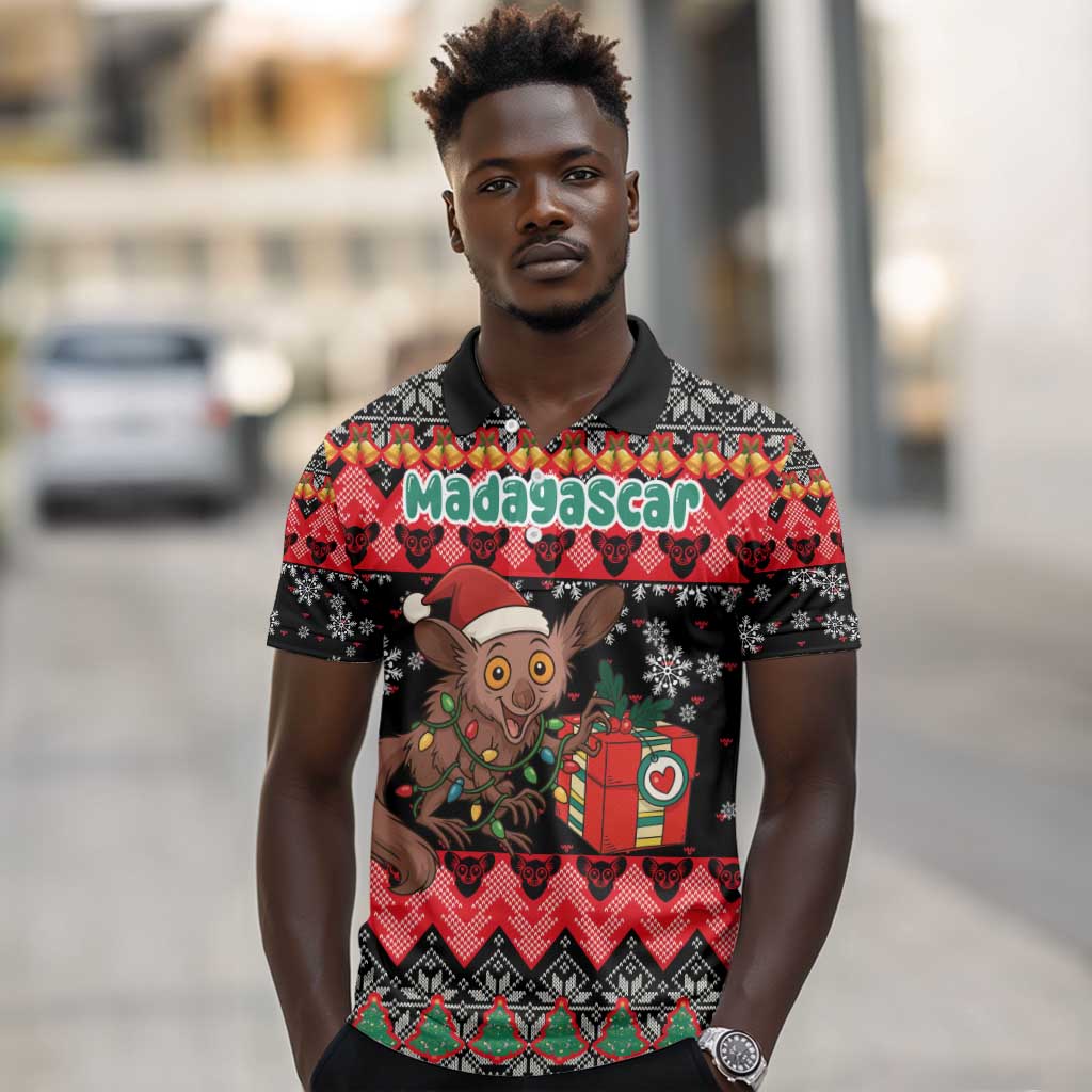 Madagascar Christmas Polo Shirt Aye Aye Lemur Santa Hat Holiday Lights - African Pride
