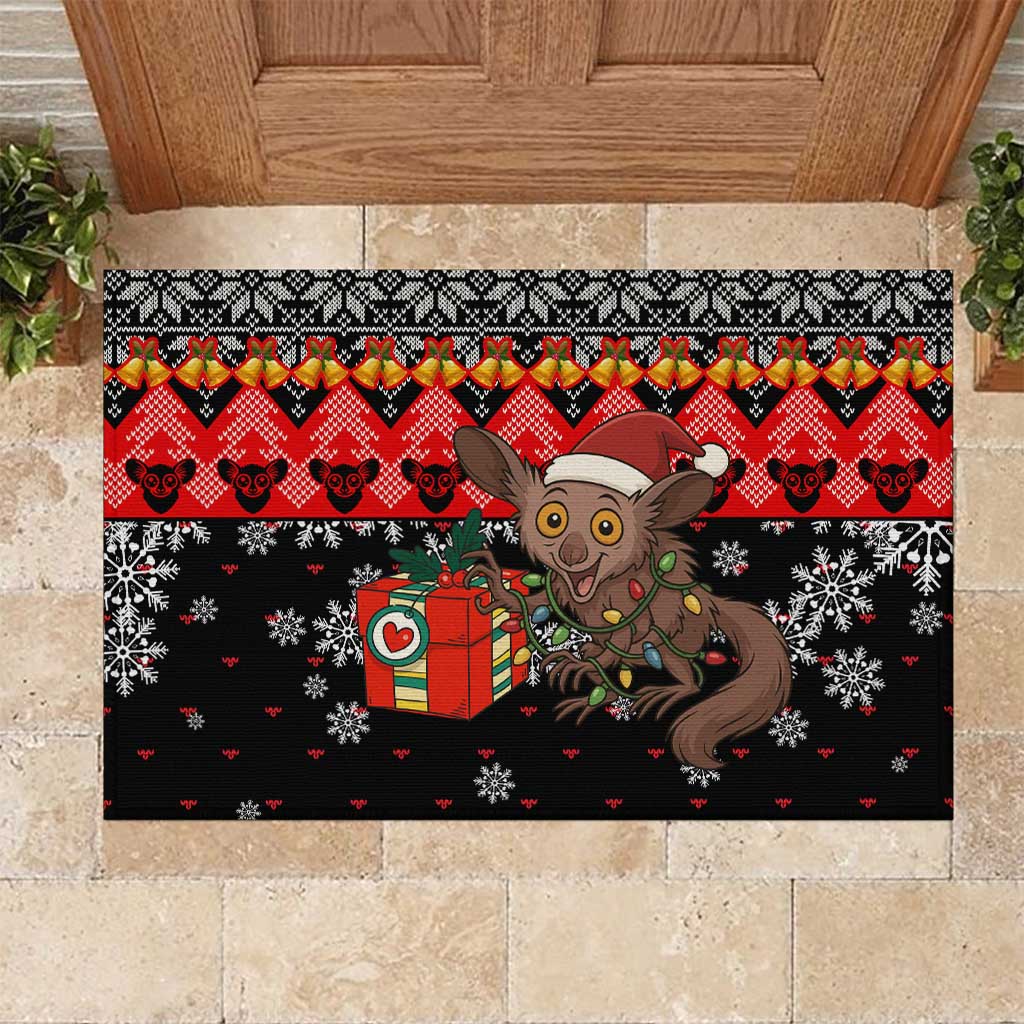 Madagascar Christmas Rubber Doormat Aye Aye Lemur Santa Hat Holiday Lights - African Pride