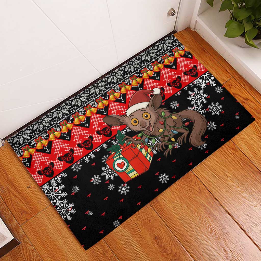 Madagascar Christmas Rubber Doormat Aye Aye Lemur Santa Hat Holiday Lights - African Pride
