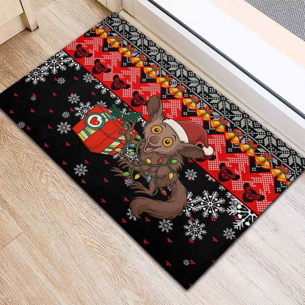 Madagascar Christmas Rubber Doormat Aye Aye Lemur Santa Hat Holiday Lights - African Pride