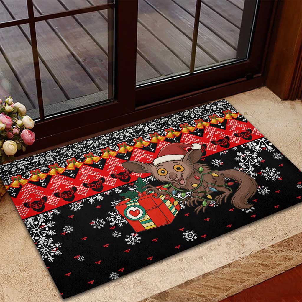 Madagascar Christmas Rubber Doormat Aye Aye Lemur Santa Hat Holiday Lights - African Pride