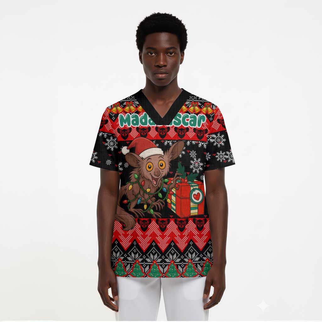Madagascar Christmas Scrub Top Aye Aye Lemur Santa Hat Holiday Lights - African Pride