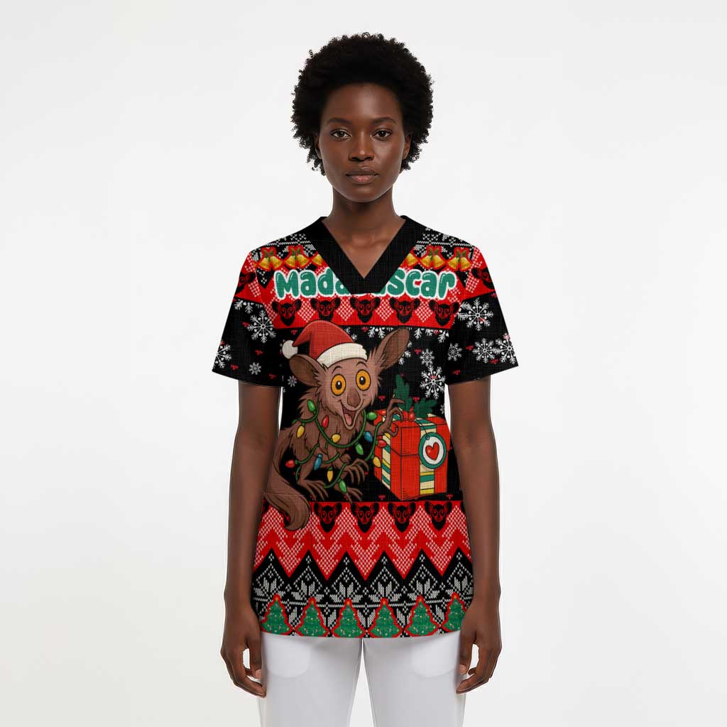 Madagascar Christmas Scrub Top Aye Aye Lemur Santa Hat Holiday Lights - African Pride