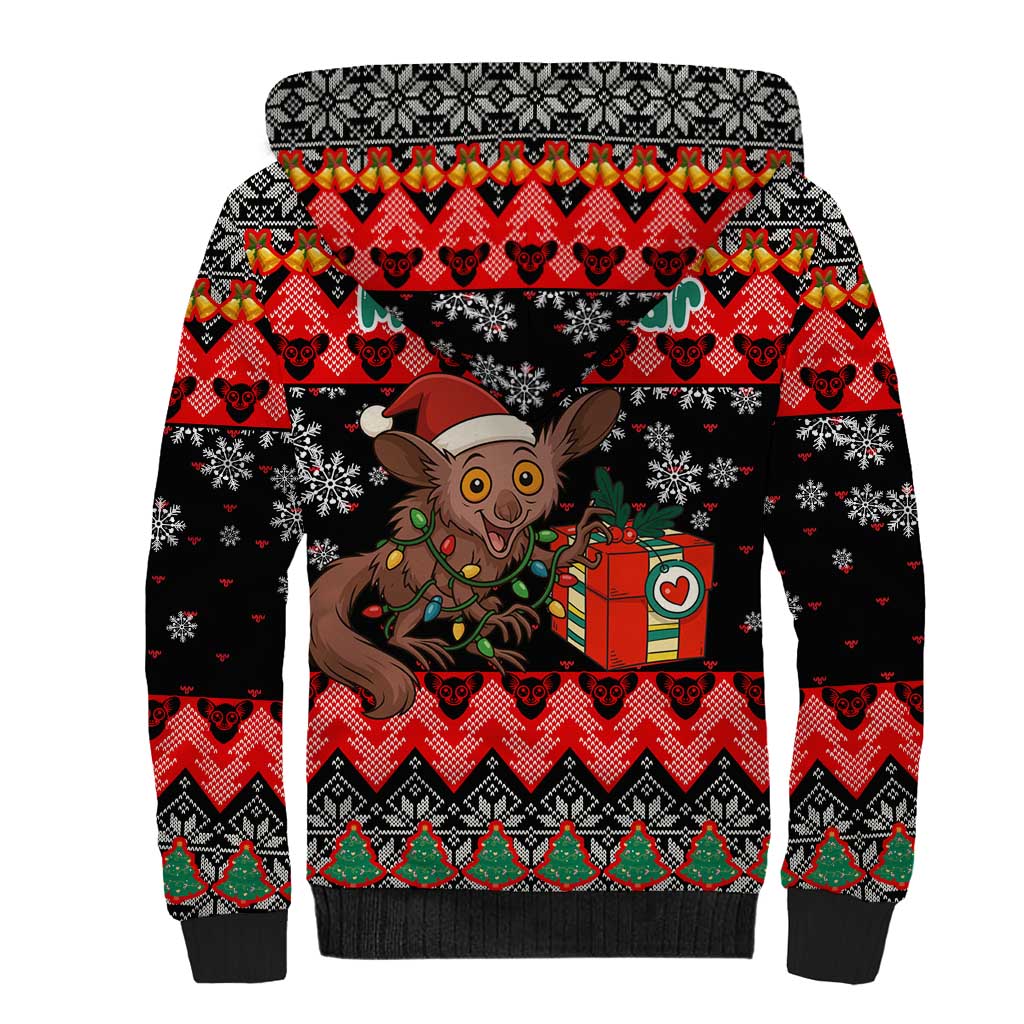 Madagascar Christmas Sherpa Hoodie Aye Aye Lemur Santa Hat Holiday Lights - African Pride