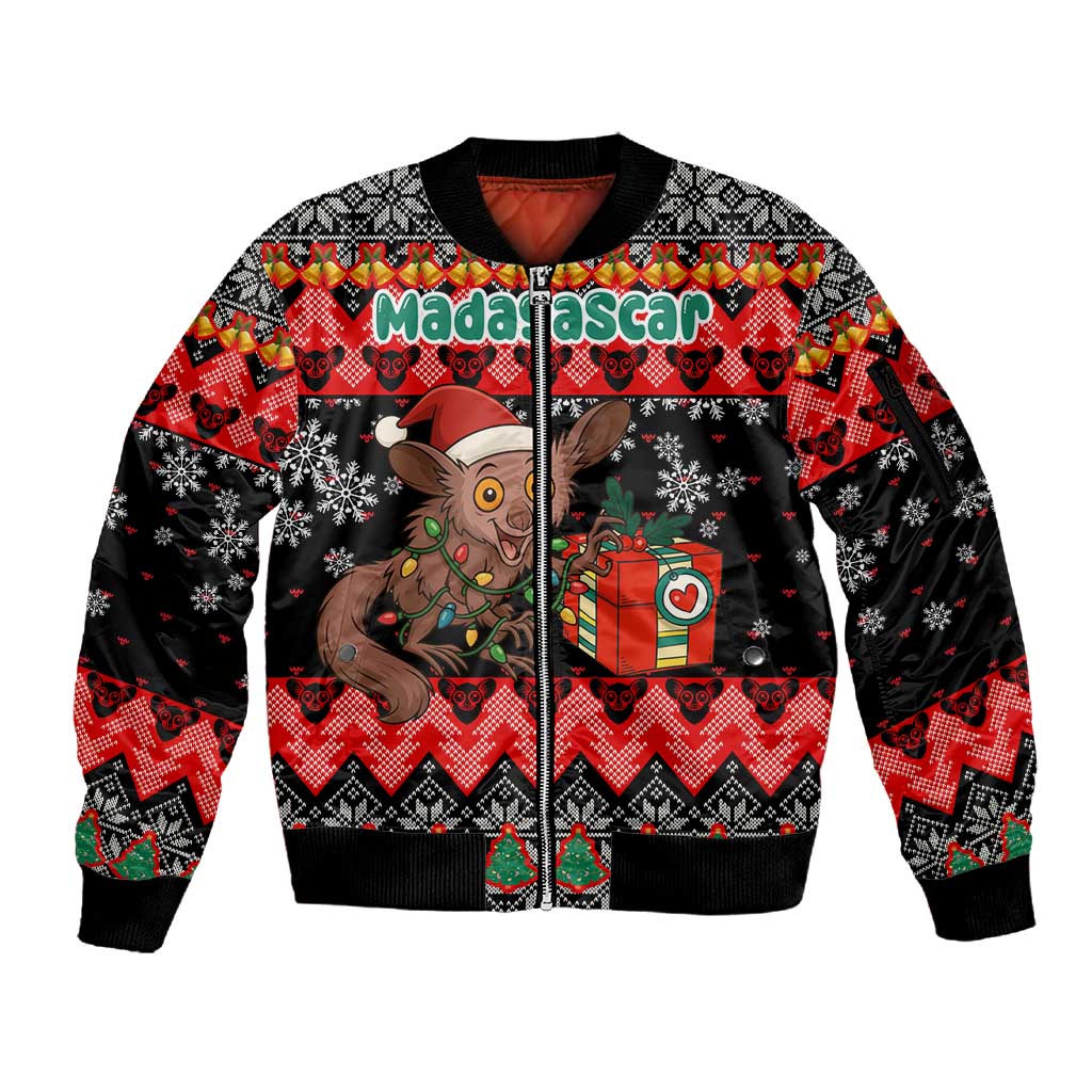 Madagascar Christmas Sleeve Zip Bomber Jacket Aye Aye Lemur Santa Hat Holiday Lights - African Pride