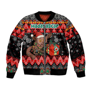 Madagascar Christmas Sleeve Zip Bomber Jacket Aye Aye Lemur Santa Hat Holiday Lights - African Pride
