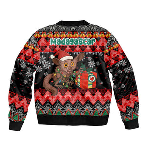 Madagascar Christmas Sleeve Zip Bomber Jacket Aye Aye Lemur Santa Hat Holiday Lights - African Pride