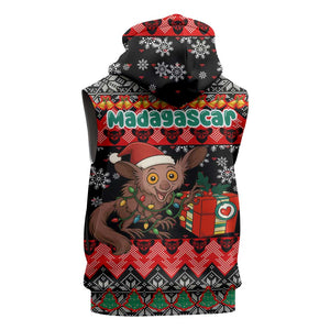 Madagascar Christmas Sleeveless Zip Hoodie Aye Aye Lemur Santa Hat Holiday Lights - African Pride
