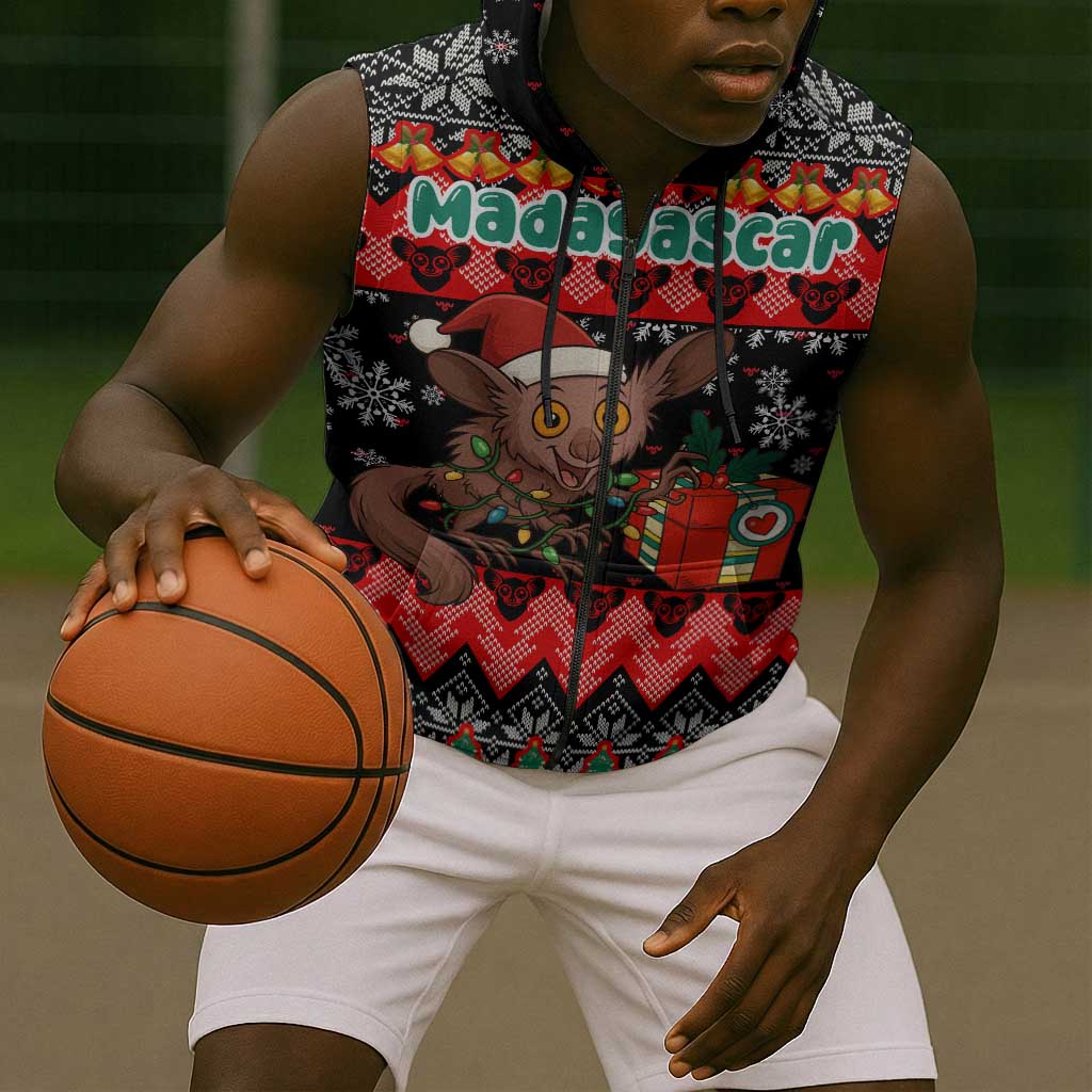 Madagascar Christmas Sleeveless Zip Hoodie Aye Aye Lemur Santa Hat Holiday Lights - African Pride