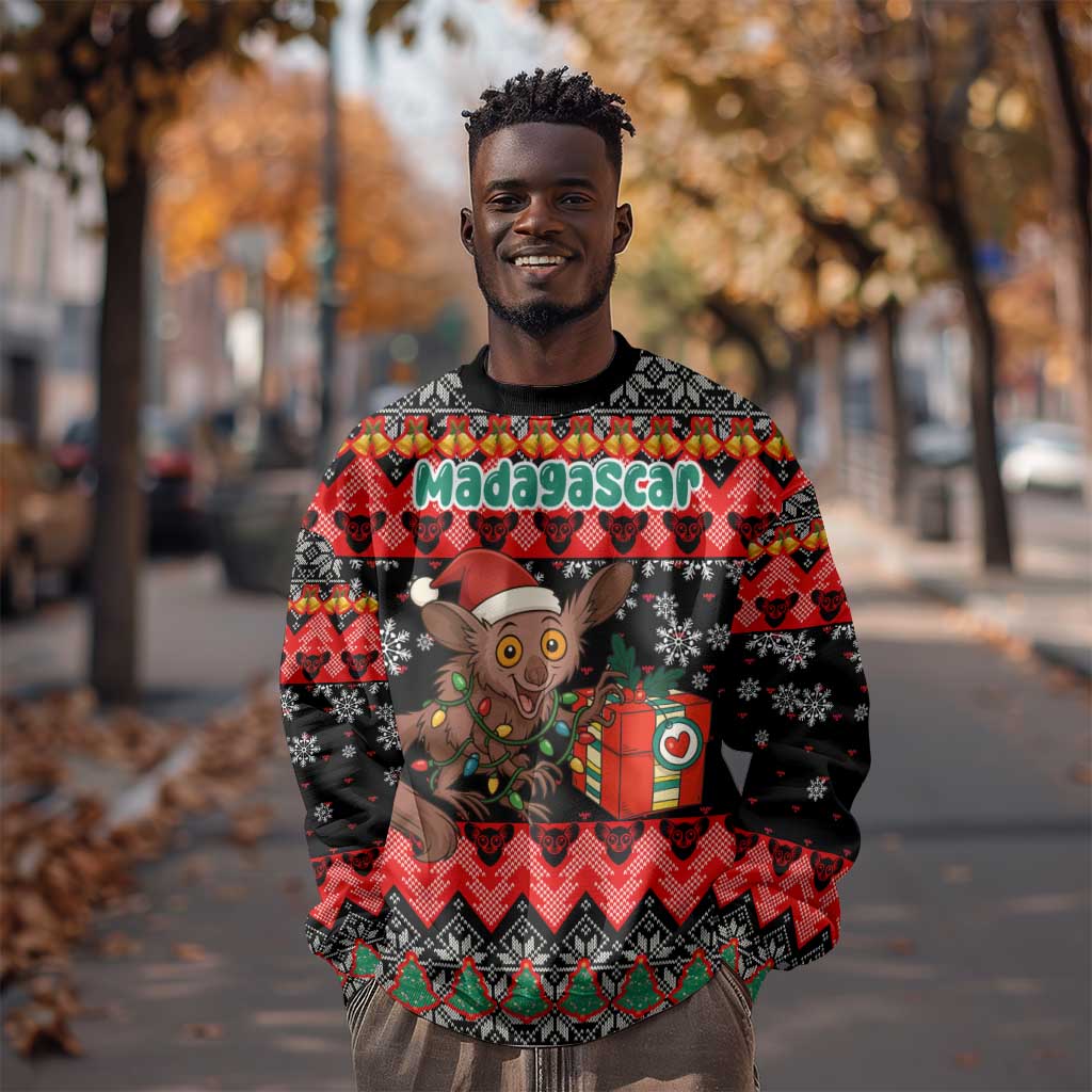 Madagascar Christmas Sweatshirt Aye Aye Lemur Santa Hat Holiday Lights - African Pride