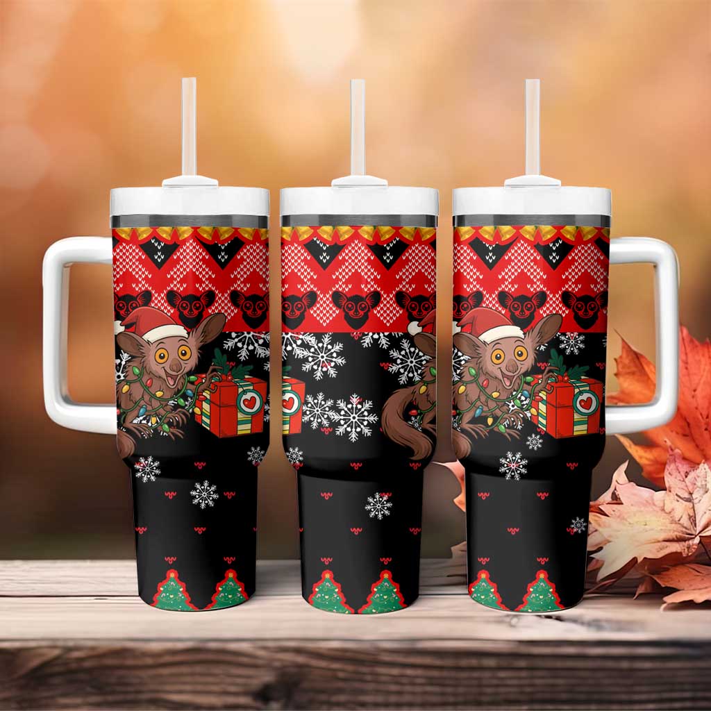 Madagascar Christmas Tumbler With Handle Aye Aye Lemur Santa Hat Holiday Lights - African Pride
