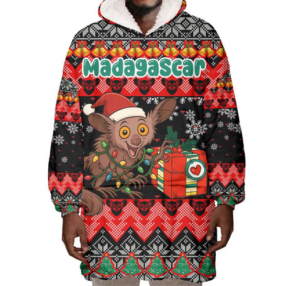 Madagascar Christmas Wearable Blanket Hoodie Aye Aye Lemur Santa Hat Holiday Lights - African Pride