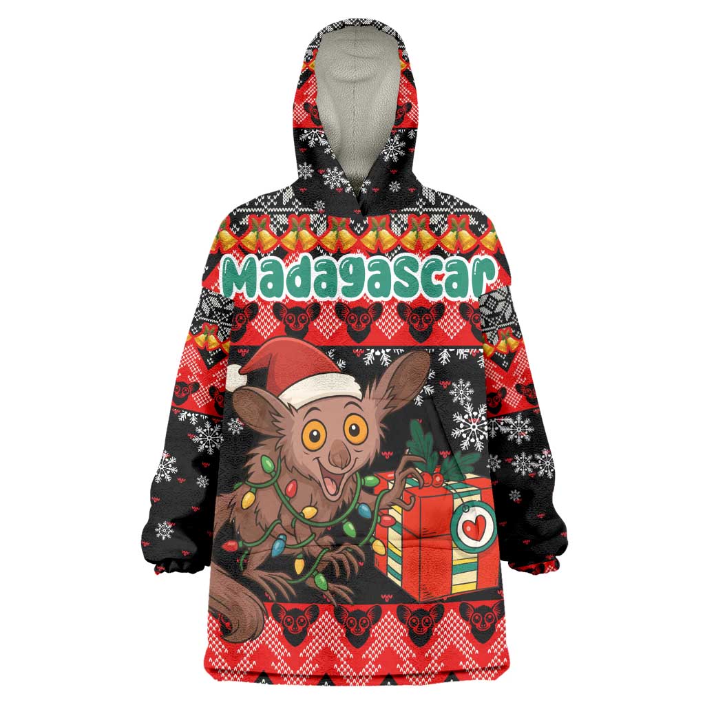 Madagascar Christmas Wearable Blanket Hoodie Aye Aye Lemur Santa Hat Holiday Lights - African Pride