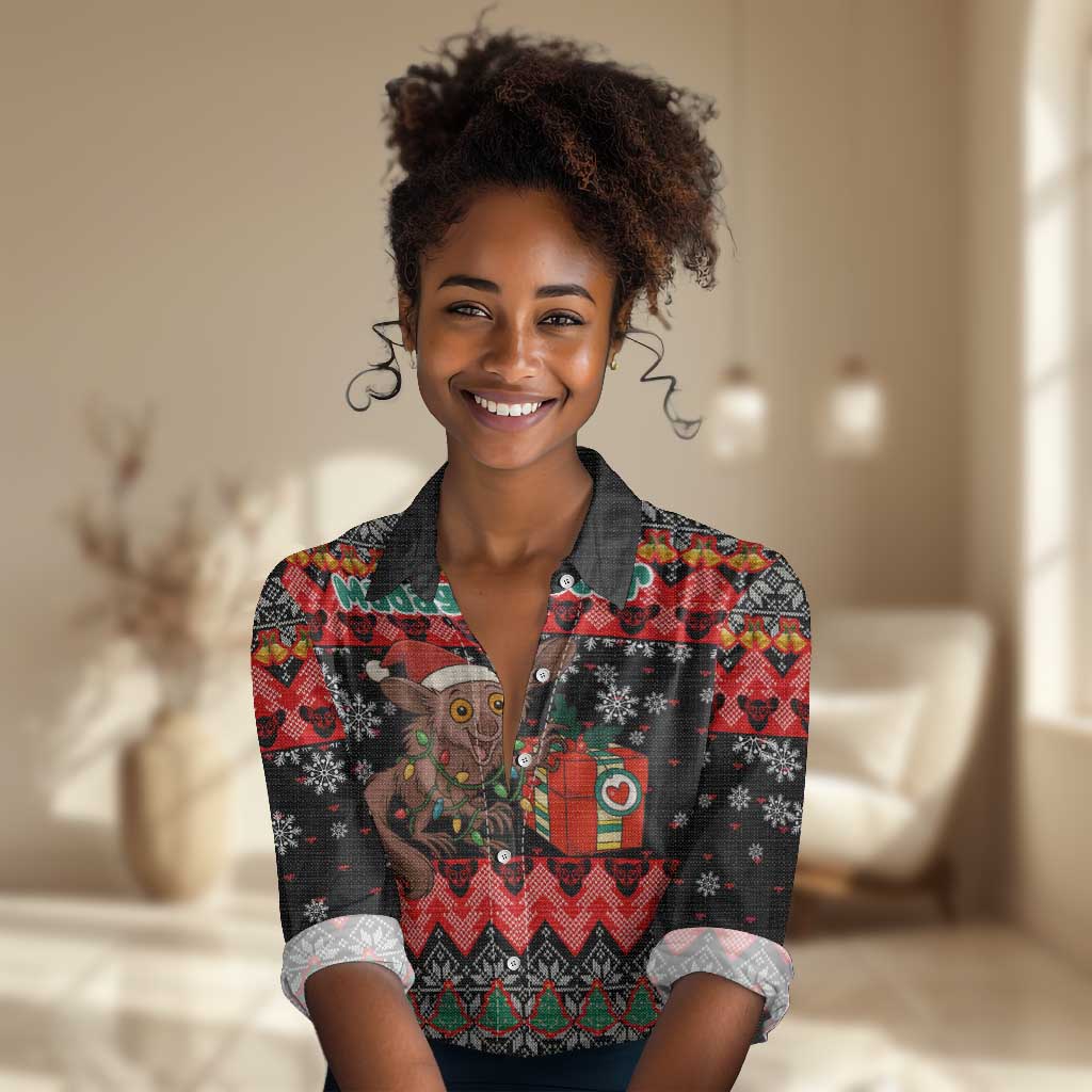 Madagascar Christmas Women Casual Shirt Aye Aye Lemur Santa Hat Holiday Lights - African Pride