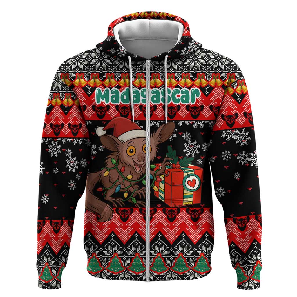 Madagascar Christmas Zip Hoodie Aye Aye Lemur Santa Hat Holiday Lights - African Pride