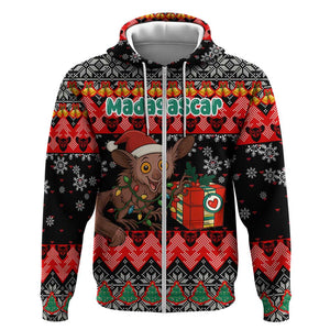 Madagascar Christmas Zip Hoodie Aye Aye Lemur Santa Hat Holiday Lights - African Pride