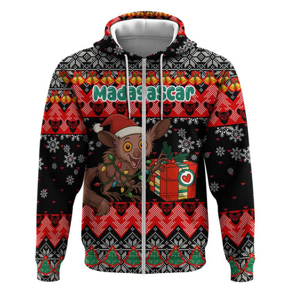Madagascar Christmas Zip Hoodie Aye Aye Lemur Santa Hat Holiday Lights - African Pride