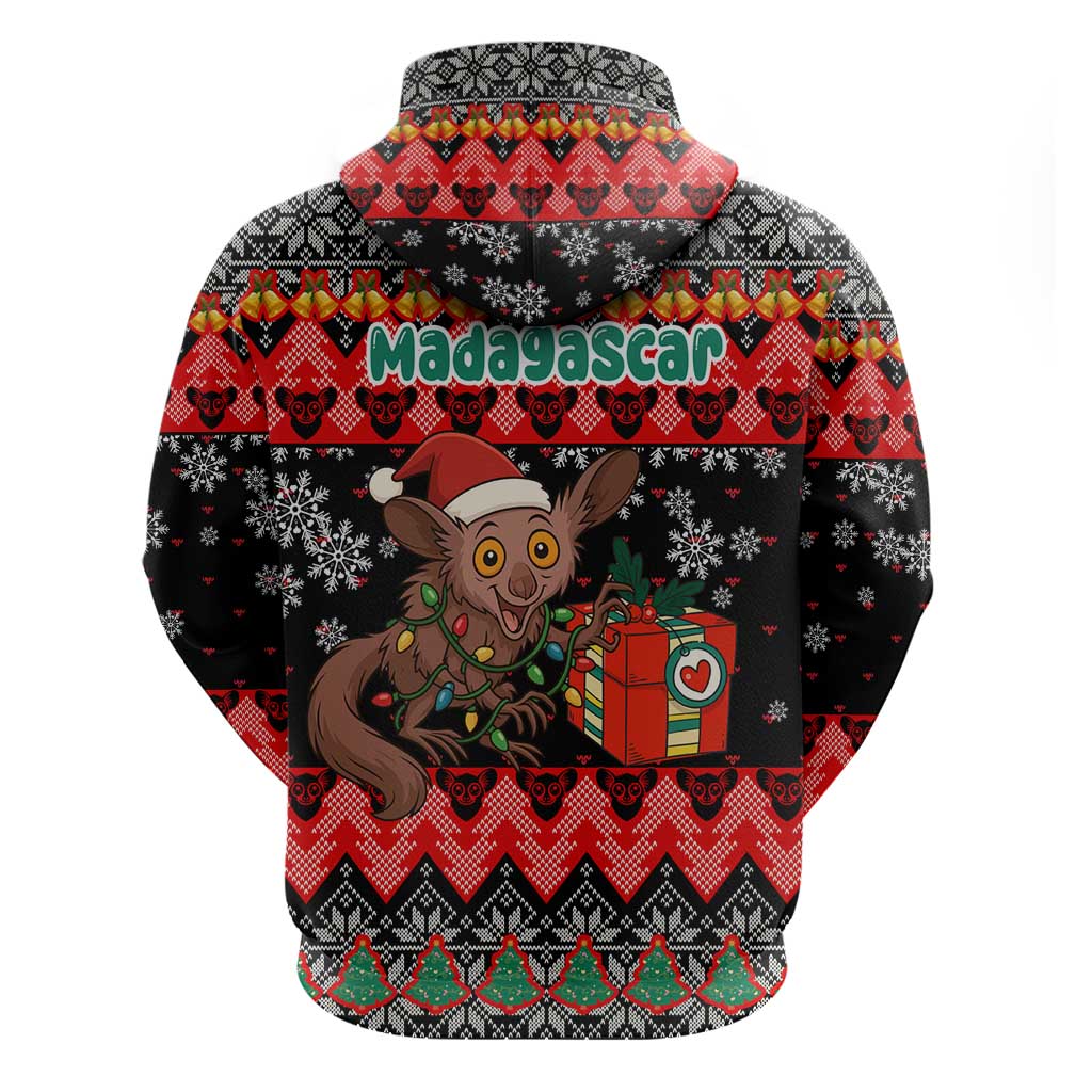 Madagascar Christmas Zip Hoodie Aye Aye Lemur Santa Hat Holiday Lights - African Pride